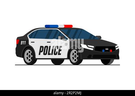Berline de police noire. Vue latérale de l'avant de l'automobile City PATROL. Transport COP isolé sur fond blanc. Illustration du vecteur eps plat 911 pour véhicule Illustration de Vecteur