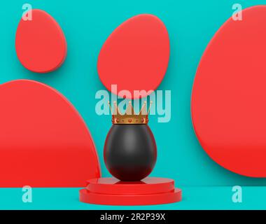 Œuf noir de poulet unique dans la couronne royale du roi sur le podium et sur fond vert Banque D'Images