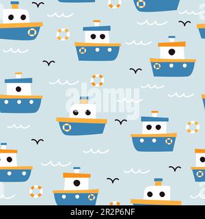 Motif marin sans couture avec jolis bateaux. Illustration vectorielle d'été sur fond bleu. Texture sans couture pour bébé. Illustration de Vecteur