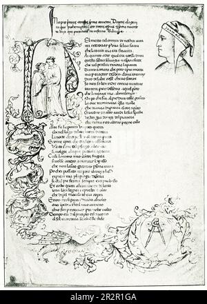 La légende de 1906 se lit comme suit: 'La première page de la Divine Comédie de Dante. Manuscrit toscan du 14th siècle. L'original est dans la bibliothèque du Maine à Vienne. Banque D'Images
