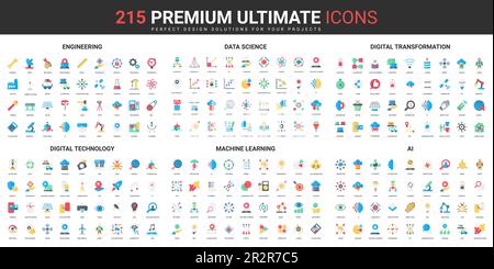 La technologie numérique, l'IA et la science des données couleur des icônes plates définissent l'illustration vectorielle. Symboles abstraits de l'ingénierie et de la transformation numérique, apprentissage automatique conception simple pour les applications mobiles et Web Illustration de Vecteur