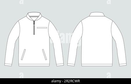 Fermeture à glissière à manches longues avec poches survêtements veste sweat-shirt technique mode dessin plat schéma vectoriel modèle d'illustration vue avant et arrière. Illustration de Vecteur