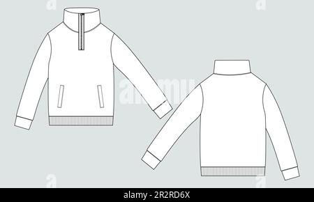 Fermeture à glissière à manches longues avec poches survêtements veste sweat-shirt technique mode dessin plat schéma vectoriel modèle d'illustration vue avant et arrière. Illustration de Vecteur