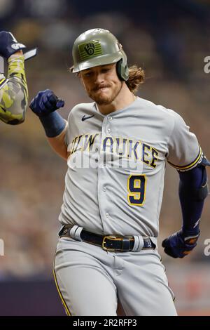 St. Petersburg, FL USA; le troisième baseman de Milwaukee Brewers, Brian Anderson (9), célèbre après avoir été au top du quatrième repas lors d'un gam MLB Banque D'Images