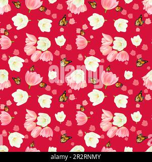 Motif aquarelle représentant de magnifiques ensembles de fleurs de tulipes blanches et roses et de papillons volants sur fond rouge. Luxueux dessiné à la main Banque D'Images