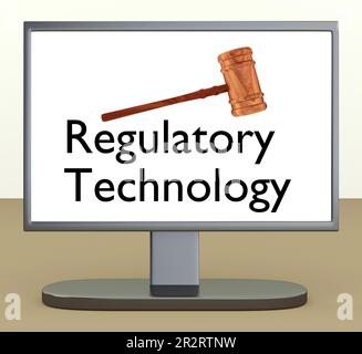3D illustration d'un juge Gavel sur un écran PC, intitulé technologie réglementaire. Banque D'Images