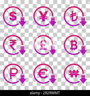 Réduction des coûts - icône de diminution du dollar en euros. Image de symbole vectoriel isolée sur fond . Illustration de Vecteur