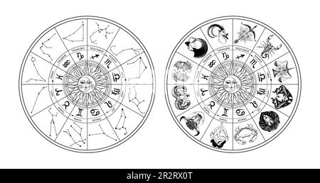 Roue astrologique avec signes du zodiaque, signes dessinés à la main, symboles et constellations, belles lettres d'étoiles, illustration vectorielle vintage. Mod Illustration de Vecteur