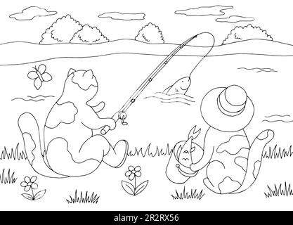 Le chat capture des poissons avec un motif de canne à pêche noir blanc paysage dessin illustration vecteur Illustration de Vecteur