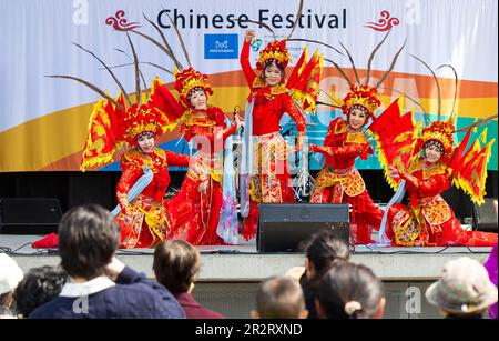 Mississauga, Canada. 20th mai 2023. Les gens regardent une danse pendant le Festival de la culture chinoise à Mississauga, dans la région du Grand Toronto, au Canada, sur 20 mai 2023. Des danses du lion, des opéras, des spectacles de mariage traditionnels ont été présentés lors de l'événement annuel. Credit: Zou Zheng/Xinhua/Alamy Live News Banque D'Images