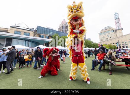 Mississauga, Canada. 20th mai 2023. Les danseurs de lion se produisent pendant le festival de la culture chinoise à Mississauga, dans la région du Grand Toronto, au Canada, en Ontario, à 20 mai 2023. Des danses du lion, des opéras, des spectacles de mariage traditionnels ont été présentés lors de l'événement annuel. Credit: Zou Zheng/Xinhua/Alamy Live News Banque D'Images