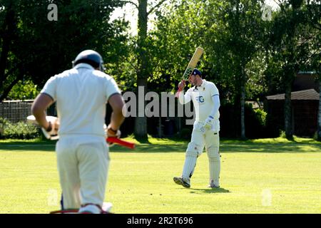 Club cricket, Warwick, Angleterre, Royaume-Uni. Batteur sortant du terrain, batteur suivant. Banque D'Images