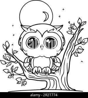 hibou sur une branche d'arbre en automne lune feuilles vertes automne automne saison automne coloriage illustration livre de coloriage Illustration de Vecteur