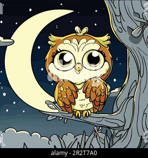 Joli dessin animé hibou sur l'arbre avec pleine lune la nuit. Illustration de Vecteur
