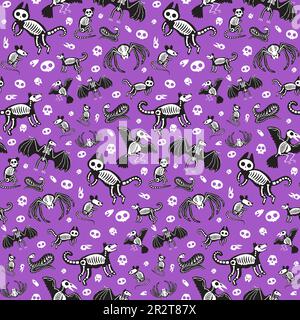 Motif chaotique sans couture avec des éléments effrayants d'Halloween squelettes et crânes d'animaux et d'oiseaux. Décoration pour impression sur tissu, couverture et emballage Illustration de Vecteur