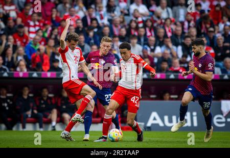 Munic, Allemagne. 20th mai 2023. Jamal Musiala (Muenchen), Marcel Halstenberg (RBL), Thomas Mueller (Muenchen), Josko Gvardiol (RBL) FC Bayern München Banque D'Images