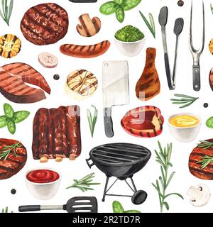 Barbecue à motif aquarelle sans couture. Éléments pour cuisiner un barbecue - grill, poulet et viande. Illustration dessinée à la main isolée sur fond blanc Banque D'Images