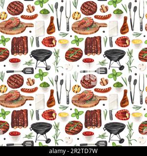 Barbecue à motif aquarelle sans couture. Éléments pour cuisiner un barbecue - grill, poulet et viande. Illustration dessinée à la main isolée sur fond blanc Banque D'Images