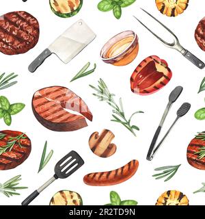 Barbecue à motif aquarelle sans couture. Éléments pour cuisiner un barbecue - grill, poulet et viande. Illustration dessinée à la main isolée sur fond blanc Banque D'Images