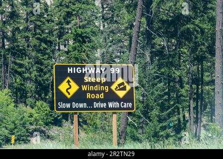 Colombie-Britannique, Canada-août 2022; grand panneau de signalisation jaune entre les pins le long de la route 99, avertissement de ralentir en raison de la pente raide et sinueuse de la roa Banque D'Images