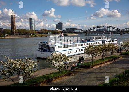 Vue sur le Rhin pour le quartier Deutz, la vieille tour de l'ancien palais des expositions, l'CologneTriangle gratte-ciel, la Tour de LANXESS, t Banque D'Images