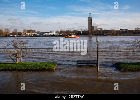 Cologne, Allemagne, 18 janvier. 2023, inondation du Rhin, vue sur l'ancienne tour du parc des expositions dans le quartier de Deutz. Koeln, Allemagne, 18. Janvier 202 Banque D'Images