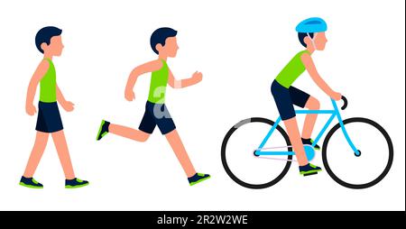 Homme figure marcher, courir et faire du vélo. Niveau de fitness et d'activité cardio. Jeu d'illustrations vectorielles simples et plates de style dessin animé. Illustration de Vecteur