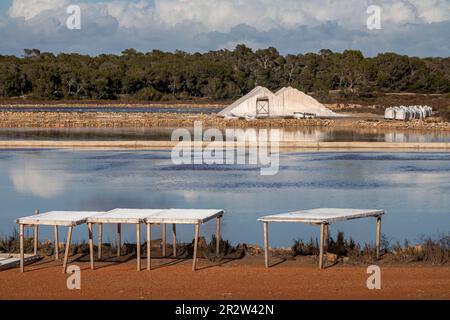 Salinas de s'Avill, étang d'évaporation de sel avec des piles de sel à Colonia de Sant Jordi, Majorque, Majorque, Iles Baléares, Espagne, Europe Banque D'Images