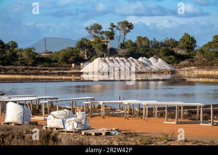 Salinas de s'Avill, étang d'évaporation de sel avec des piles de sel à Colonia de Sant Jordi, Majorque, Majorque, Iles Baléares, Espagne, Europe Banque D'Images