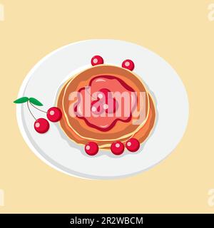 Délicieux crêpes au petit déjeuner avec confiture de cerise sur l'assiette, illustration vectorielle Illustration de Vecteur