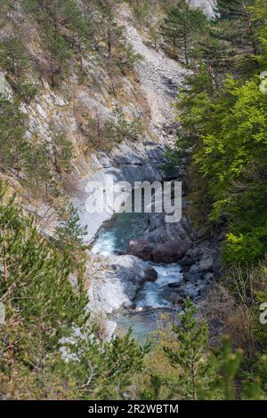 Vue imprenable sur le ruisseau de Negrone, s'élevant dans les Alpes liguriennes forme le fleuve Tanaro, région du Piémont, province de Cuneo, Italie Banque D'Images