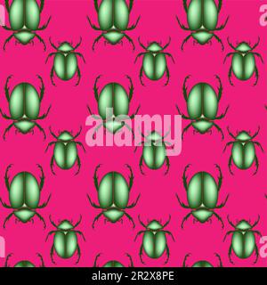 motif sans couture d'un scarabée, insecte vecteur de couleur vert brillant isolé sur un fond rose vif Illustration de Vecteur