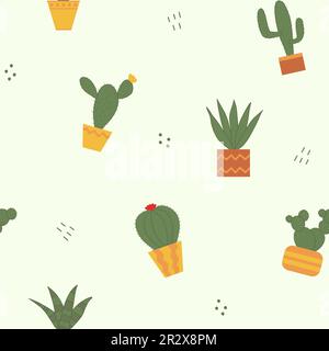 Motif sans couture avec différents cactus en pots, figuier indien, saguaro, zèbre haworthia aloe, Aloe vera, Golden Barrel , Angel aile, plate Doodle illustration vectorielle Illustration de Vecteur