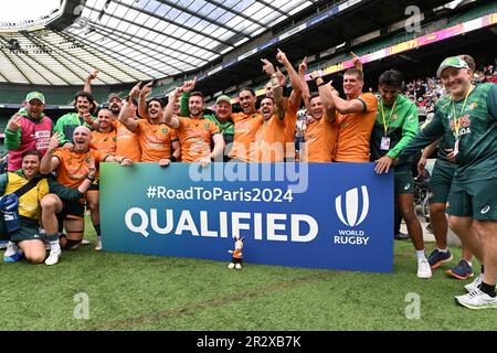 Londres, Royaume-Uni. . 21st mai 2023. 21st 7s mai 2023 ; Twickenham Stadium, Londres, Angleterre : HSBC London Rugby Sevens ; l'Australie célèbre les qualifications pour les Jeux Olympiques de Paris 2024. Crédit : action plus Sports Images/Alay Live News Banque D'Images