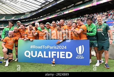 Londres, Royaume-Uni. . 21st mai 2023. 21st 7s mai 2023 ; Twickenham Stadium, Londres, Angleterre : HSBC London Rugby Sevens ; l'Australie célèbre les qualifications pour les Jeux Olympiques de Paris 2024. Crédit : action plus Sports Images/Alay Live News Banque D'Images