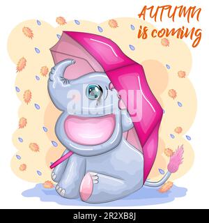 Mignon dessin animé éléphant, childish personnage avec de beaux yeux avec parapluie, automne. Illustration de Vecteur