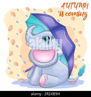 Mignon dessin animé éléphant, childish personnage avec de beaux yeux avec parapluie, automne. Illustration de Vecteur