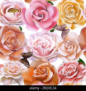 motif de roses avec papillons et colibris sur fond blanc, dessiné à la main, parfait pour la conception de cartes postales, livrets, vêtements, dishe Banque D'Images