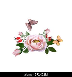 ensemble de roses avec papillons et colibris sur fond blanc, dessiné à la main, parfait pour la conception de cartes postales, livrets, vêtements, plats Banque D'Images