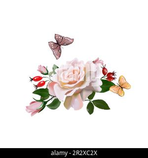 ensemble de roses avec papillons et colibris sur fond blanc, dessiné à la main, parfait pour la conception de cartes postales, livrets, vêtements, plats Banque D'Images