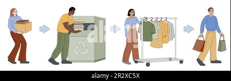 Recyclage des tissus et des textiles. Personnes plates donnant, triant et déposant les vieux vêtements usagés dans la boîte pour recyclage. Échangez ou achetez des vêtements durables à partir de matériaux recyclés. Concept de mode respectueux de l'environnement. Illustration de Vecteur