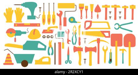 Ensemble d'outils de construction sur un fond isolé. Construction ou rénovation. Fournitures de construction à utiliser comme élément de conception ou logo. Vecteur Illustration de Vecteur