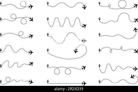 Routages de plan et tracés en pointillés. Itinéraire de voyage, point de départ et destination de vol de l'avion. Silhouette et chemin d'avion noir, carte ou tourisme décent Illustration de Vecteur