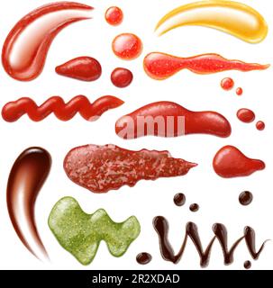 Sauces à rayures et gouttes, ketchup réaliste, mayonnaise et moutarde. Chili aux épices, sauce soja isolée. Collection de vecteurs pithy de garnitures alimentaires Illustration de Vecteur