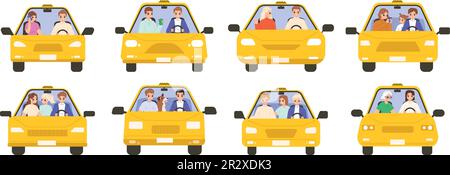 Les personnes en taxi et en taxi. Conduite isolée sur route. Conducteurs et passagers, familles et voyageurs. Location de voiture, service de transport très bien Illustration de Vecteur