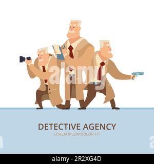 Affiche de l'agence de détective. un policier secret ou des personnages de dessin animé d'espion. Modèle de plaque vectorielle Illustration de Vecteur