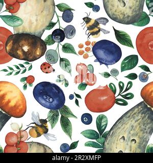 Motif sans couture de l'aquarelle sauvage de la forêt de bébé comestible de champignons porcini avec des champignons rouges, des bleuets et des canneberges, des feuilles et des bourdons Banque D'Images