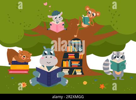 Affiche de lecture d'animaux dans la forêt. Livres de jour, bibliothèque extérieure pour les animaux intelligents. Lecteur de livres, la vie de bois mignonne et de retour à l'école de classe Illustration de Vecteur