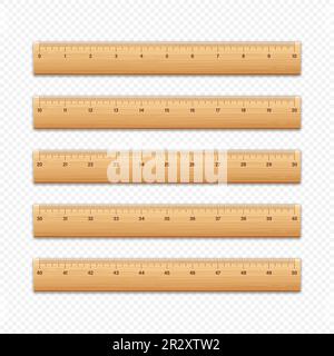 Différentes règles en bois réalistes avec échelle de mesure et divisions, marques de mesure. Règle scolaire, échelle en centimètres et en pouces pour la mesure de la longueur Illustration de Vecteur