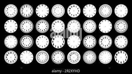 Cadrans d'horloge mécaniques, cadran de montre avec chiffres, cadre. Elément de minuterie ou de chronomètre avec les minutes, les heures et les chiffres. Echelle de cercle de mesure à blanc Illustration de Vecteur